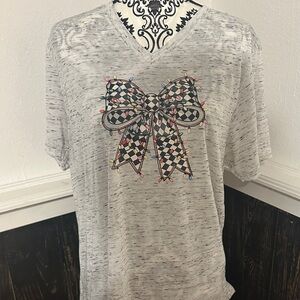 Bella Canvas Gray Short Sleeve Tee with Checkered Bow